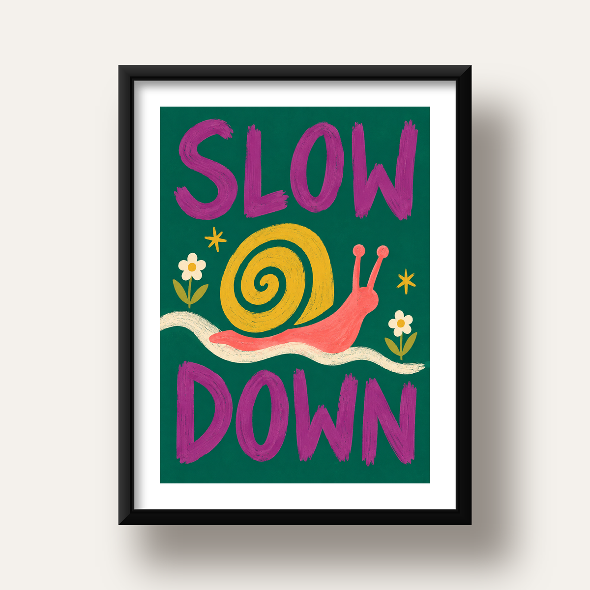 Slow Down Poster – Pastel Salyangoz ve Çiçekler Duvar Sanatı — siyah derin çerçeveli paspartulu