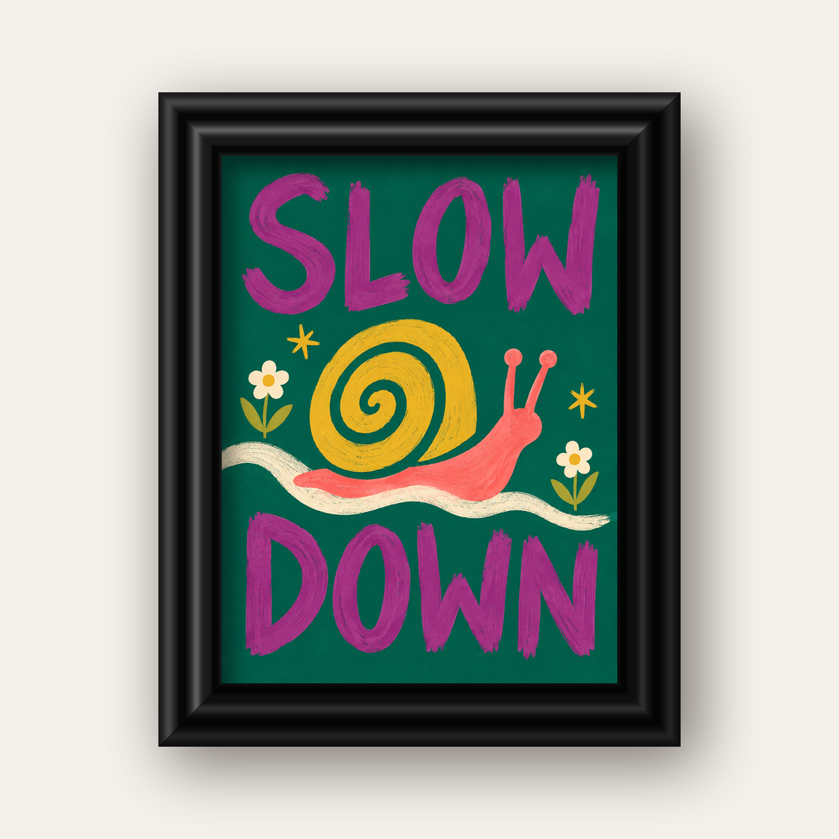 Slow Down Poster – Pastel Salyangoz ve Çiçekler Duvar Sanatı — siyah galeri çerçeveli