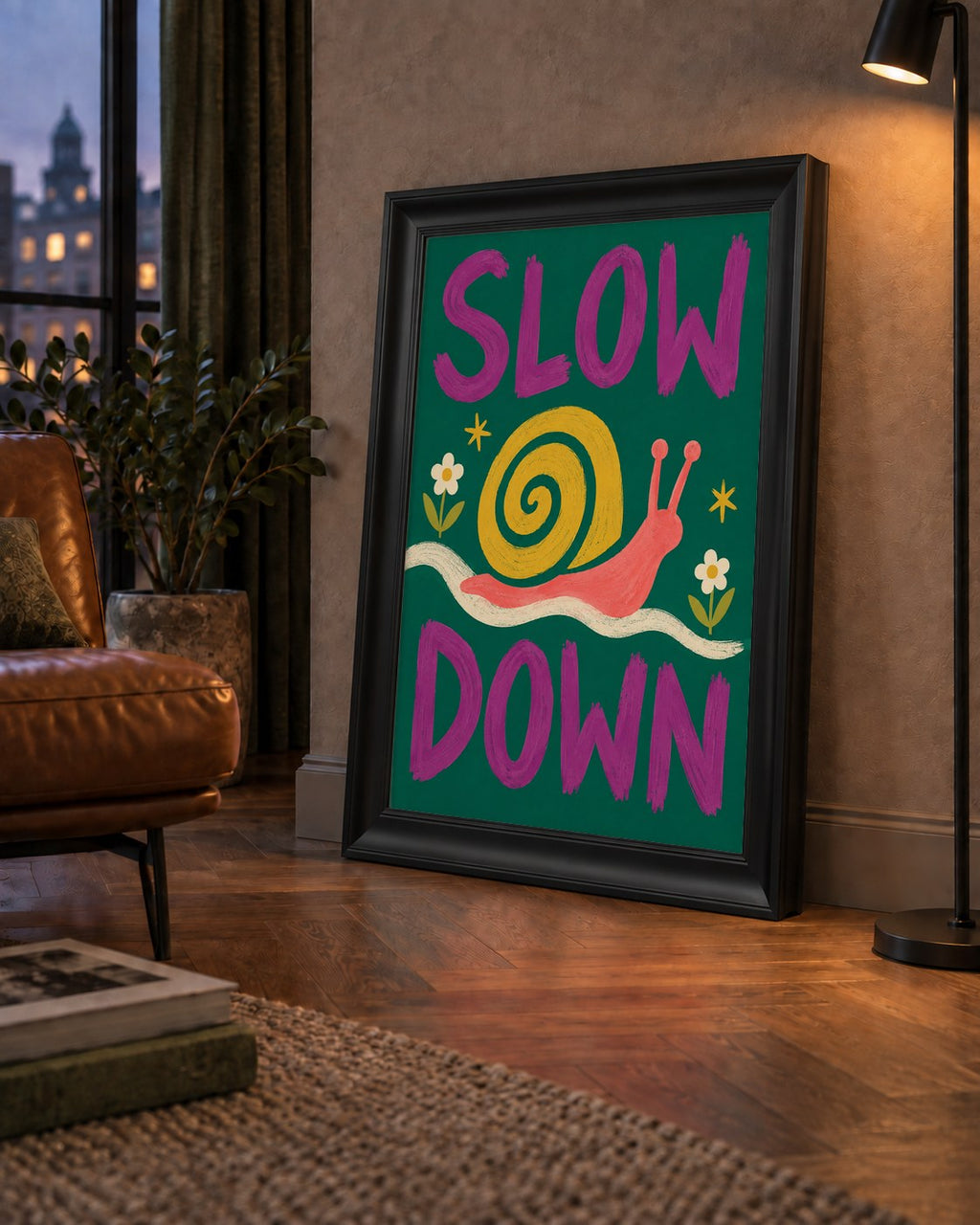 Slow Down Poster – Pastel Salyangoz ve Çiçekler Duvar Sanatı — çerçeveli hâliyle bir ev duvarında