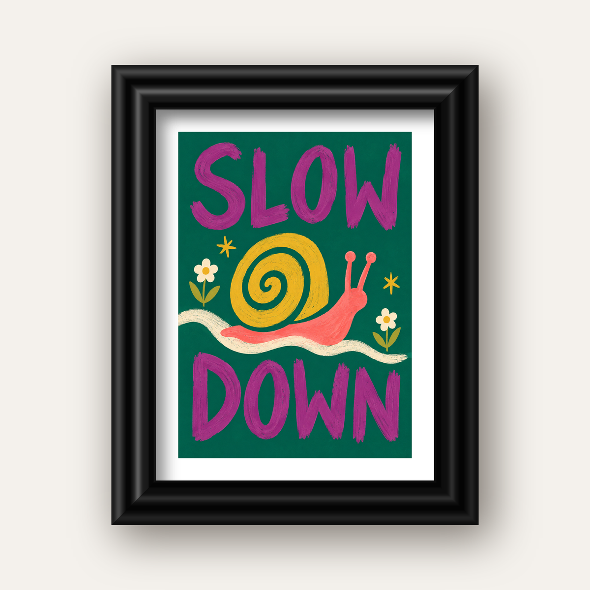 Slow Down Poster – Pastel Salyangoz ve Çiçekler Duvar Sanatı — siyah galeri çerçeveli paspartulu