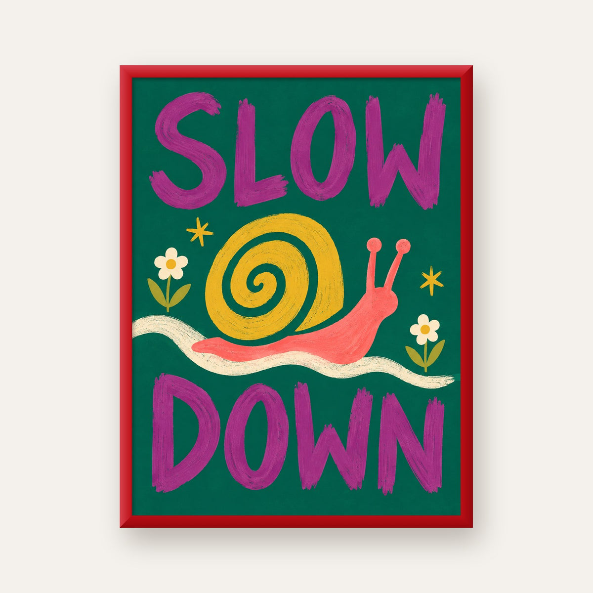 Slow Down Poster – Pastel Salyangoz ve Çiçekler Duvar Sanatı — kırmızı çerçeveli