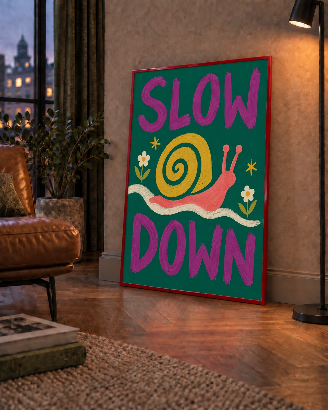 Slow Down Poster – Pastel Salyangoz ve Çiçekler Duvar Sanatı — çerçeveli hâliyle bir ev duvarında