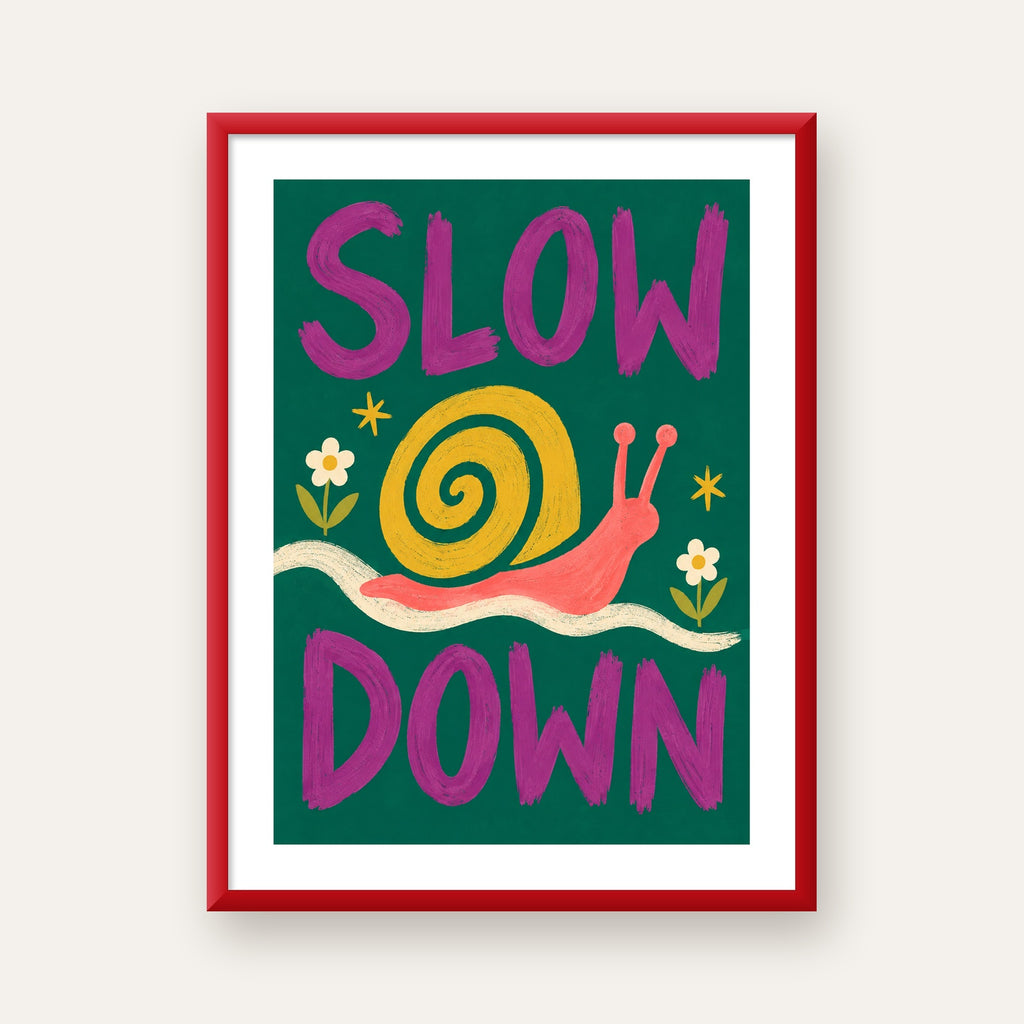 Slow Down Poster – Pastel Salyangoz ve Çiçekler Duvar Sanatı — kırmızı çerçeveli paspartulu