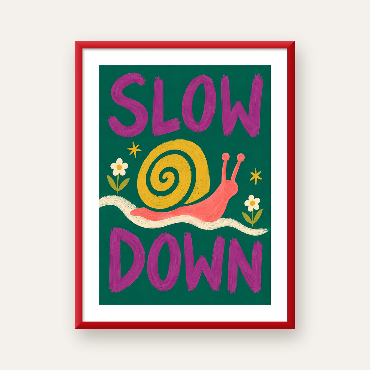 Slow Down Poster – Pastel Salyangoz ve Çiçekler Duvar Sanatı — kırmızı çerçeveli paspartulu