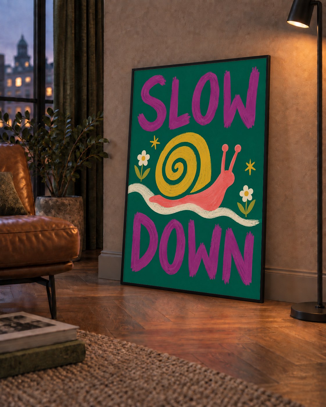 Slow Down Poster – Pastel Salyangoz ve Çiçekler Duvar Sanatı — çerçeveli hâliyle bir ev duvarında