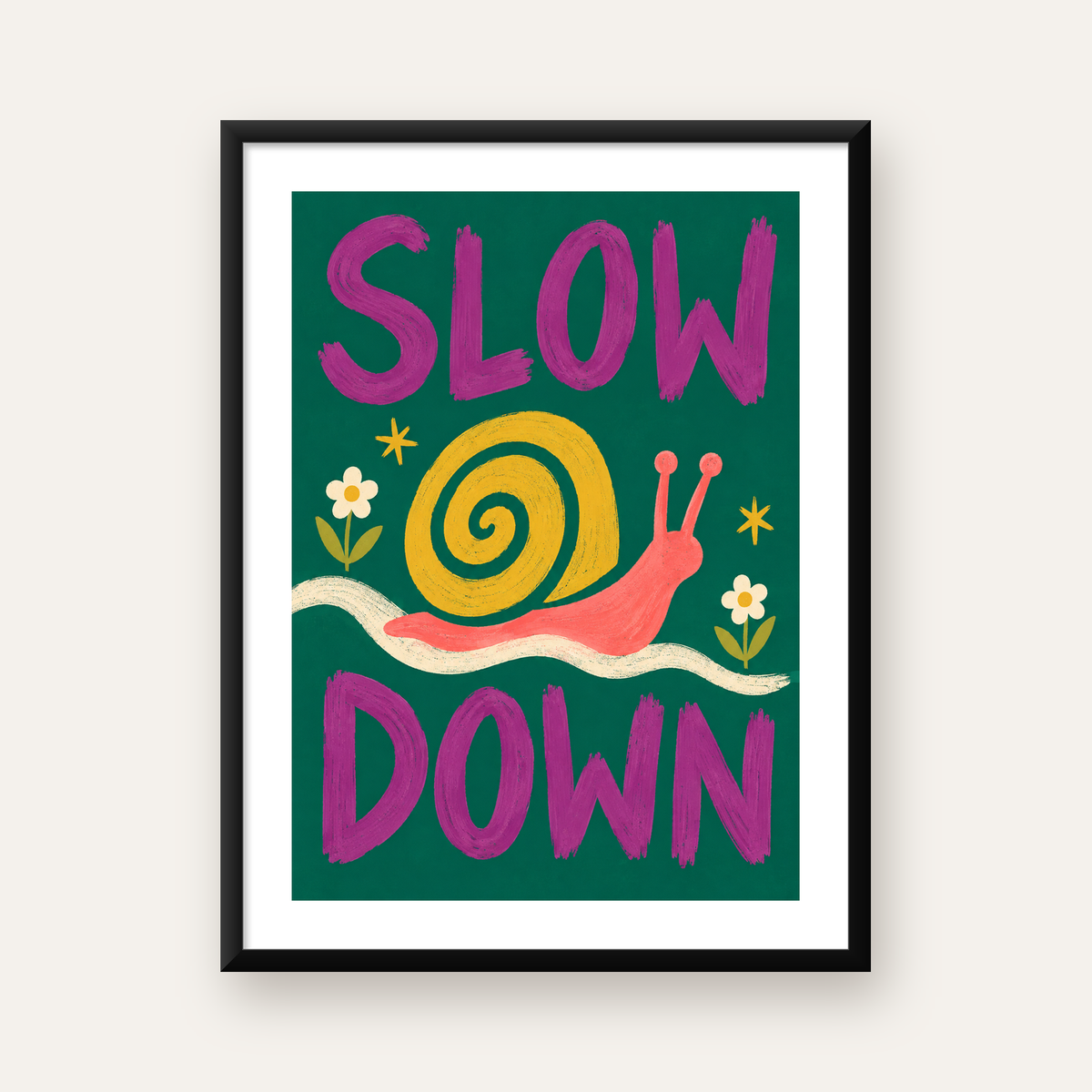 Slow Down Poster – Pastel Salyangoz ve Çiçekler Duvar Sanatı — Dikey baskı, beyaz paspartulu