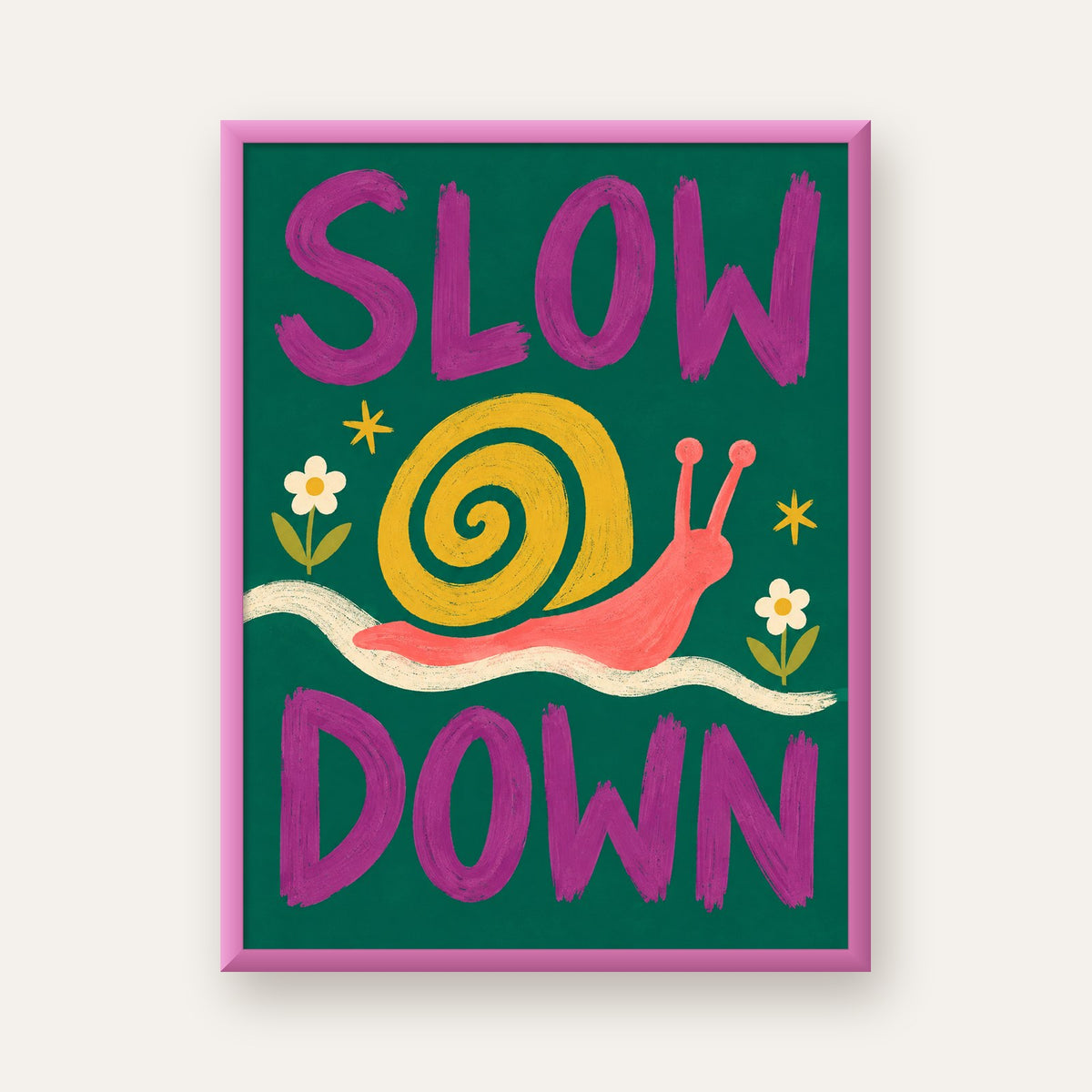 Slow Down Poster – Pastel Salyangoz ve Çiçekler Duvar Sanatı — pembe çerçeveli