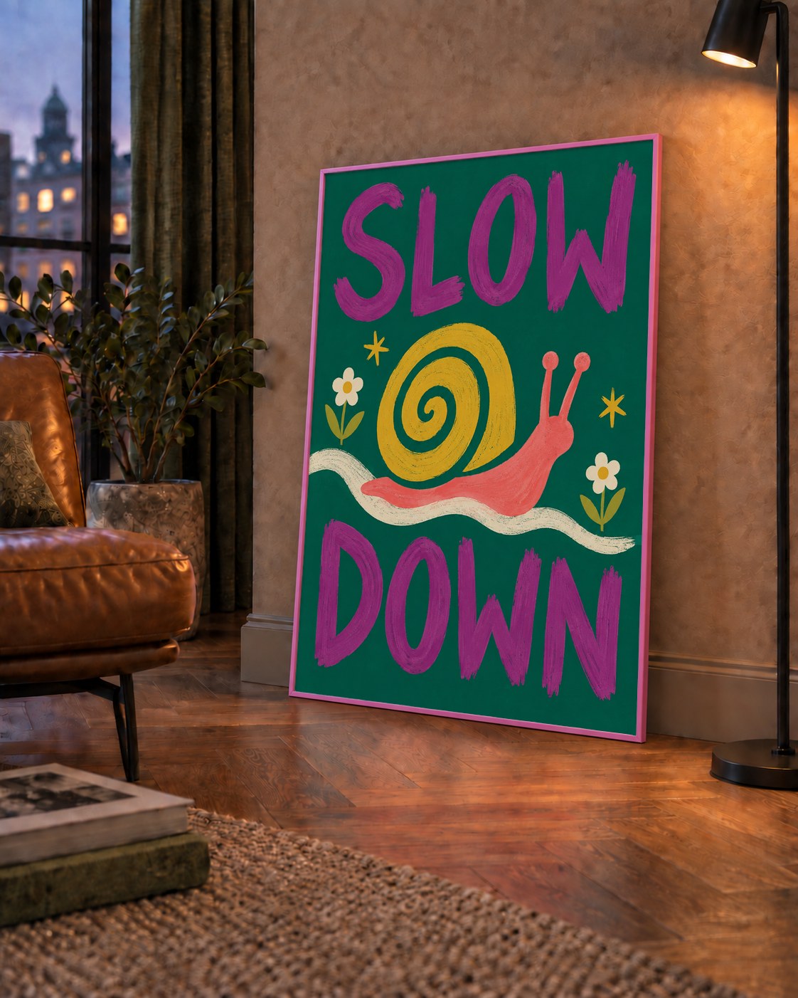 Slow Down Poster – Pastel Salyangoz ve Çiçekler Duvar Sanatı — çerçeveli hâliyle bir ev duvarında