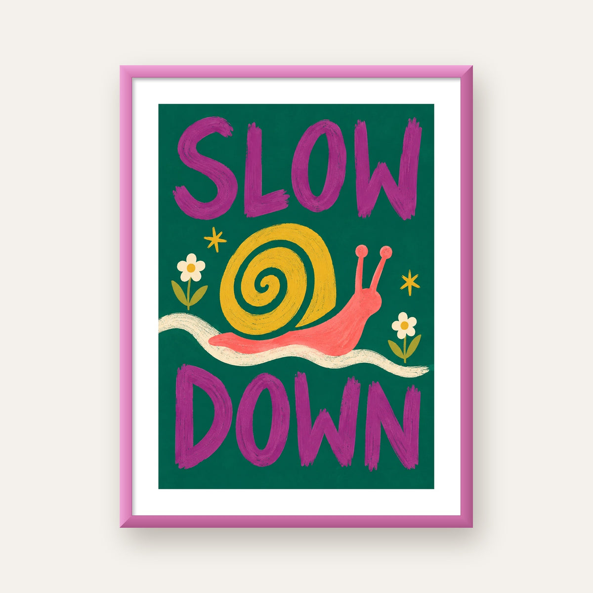 Slow Down Poster – Pastel Salyangoz ve Çiçekler Duvar Sanatı — pembe çerçeveli paspartulu
