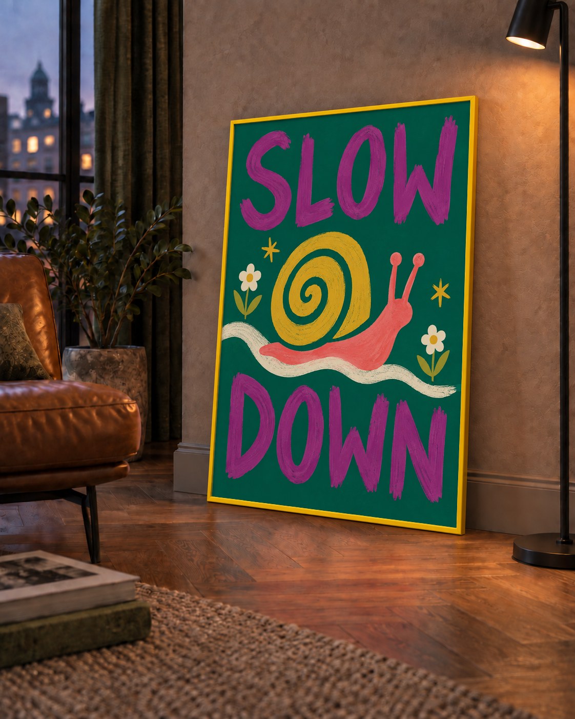 Slow Down Poster – Pastel Salyangoz ve Çiçekler Duvar Sanatı — çerçeveli hâliyle bir ev duvarında