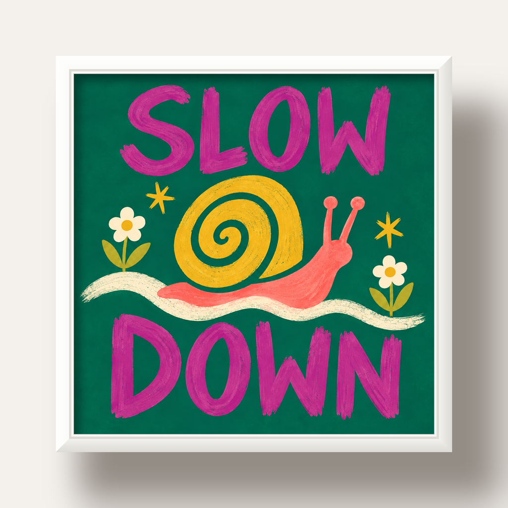 Slow Down Poster – Pastel Salyangoz ve Çiçekler Duvar Sanatı — beyaz derin çerçeveli