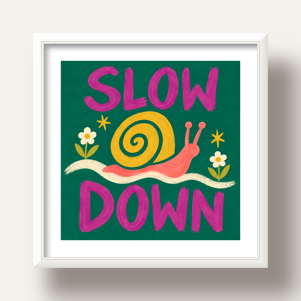 Slow Down Poster – Pastel Salyangoz ve Çiçekler Duvar Sanatı — beyaz derin çerçeveli paspartulu