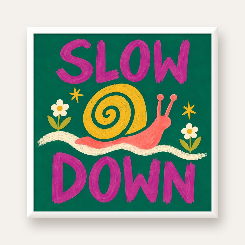 Slow Down Poster – Pastel Salyangoz ve Çiçekler Duvar Sanatı — beyaz çerçeveli kare poster
