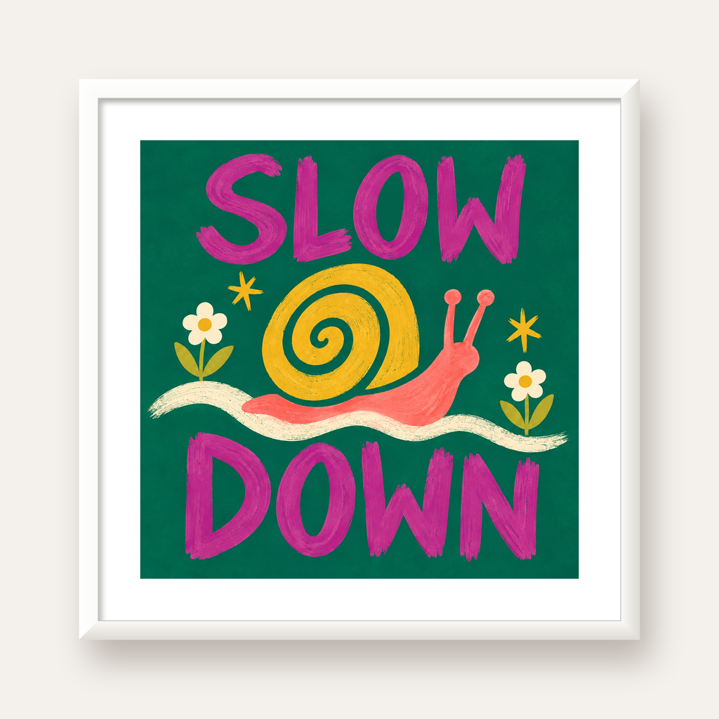 Slow Down Poster – Pastel Salyangoz ve Çiçekler Duvar Sanatı — beyaz çerçeveli kare poster