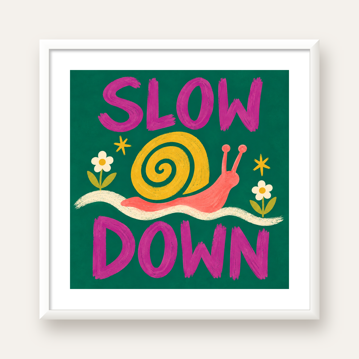 Slow Down Poster – Pastel Salyangoz ve Çiçekler Duvar Sanatı — beyaz çerçeveli kare poster