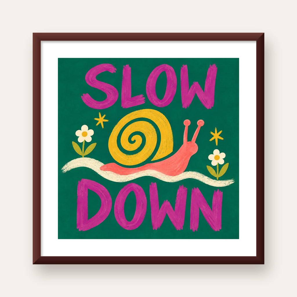 Slow Down Poster – Pastel Salyangoz ve Çiçekler Duvar Sanatı — ceviz çerçeveli paspartulu
