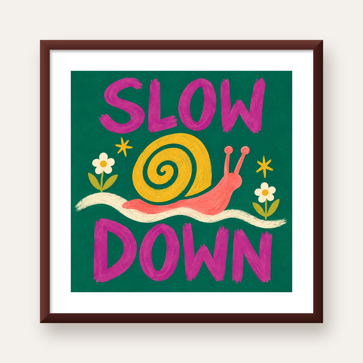 Slow Down Poster – Pastel Salyangoz ve Çiçekler Duvar Sanatı — ceviz çerçeveli paspartulu