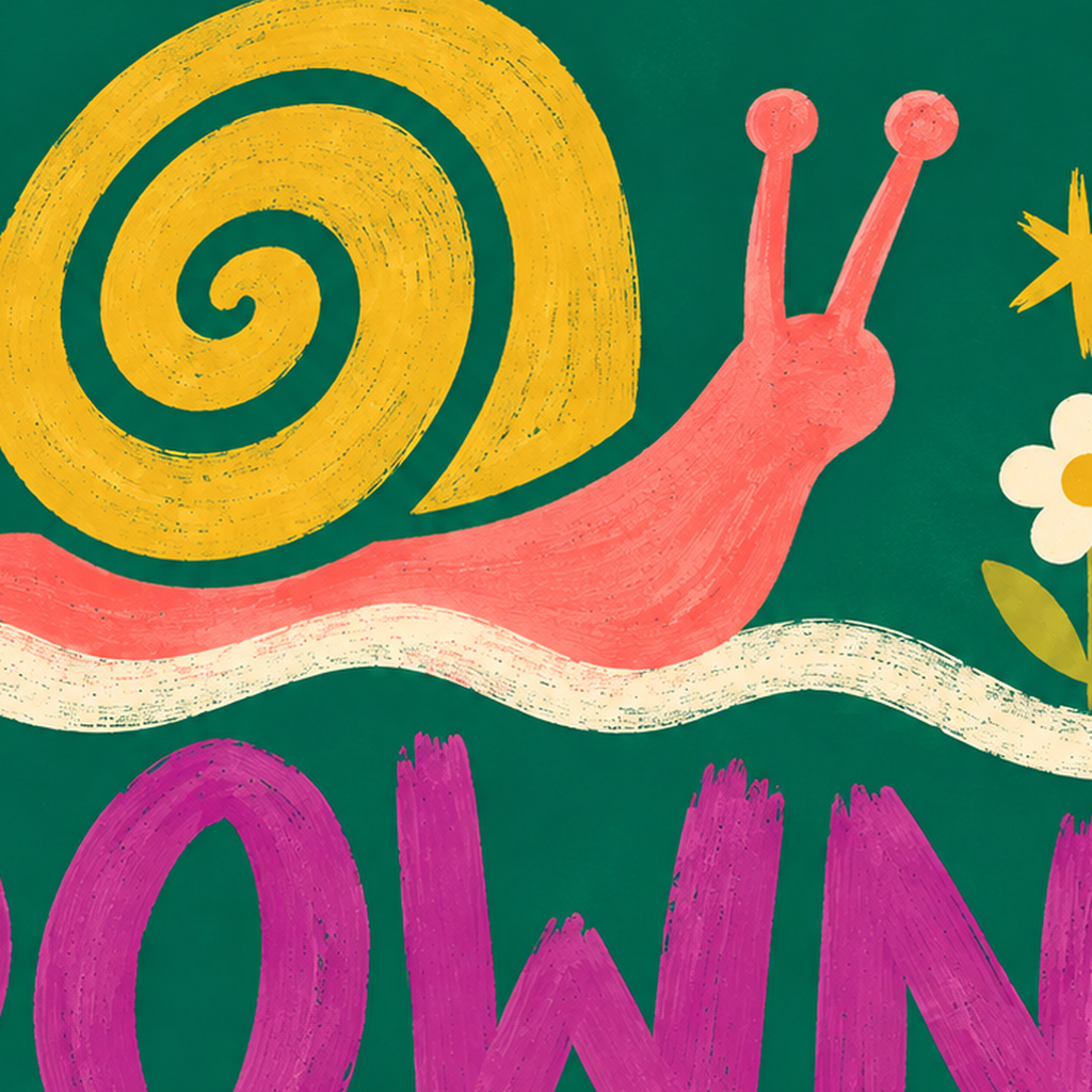 Slow Down Poster – Pastel Salyangoz ve Çiçekler Duvar Sanatı — baskının yakın çekimi, kâğıt dokusu ve renk detayı