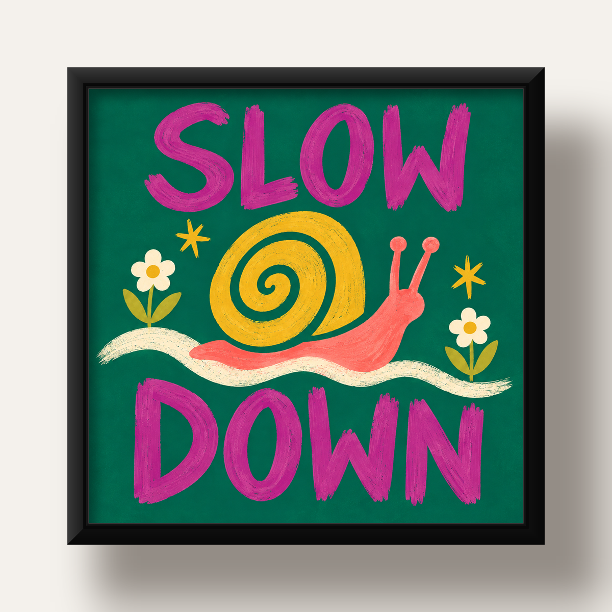 Slow Down Poster – Pastel Salyangoz ve Çiçekler Duvar Sanatı — siyah derin çerçeveli