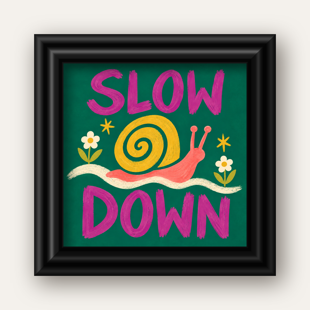 Slow Down Poster – Pastel Salyangoz ve Çiçekler Duvar Sanatı — siyah galeri çerçeveli