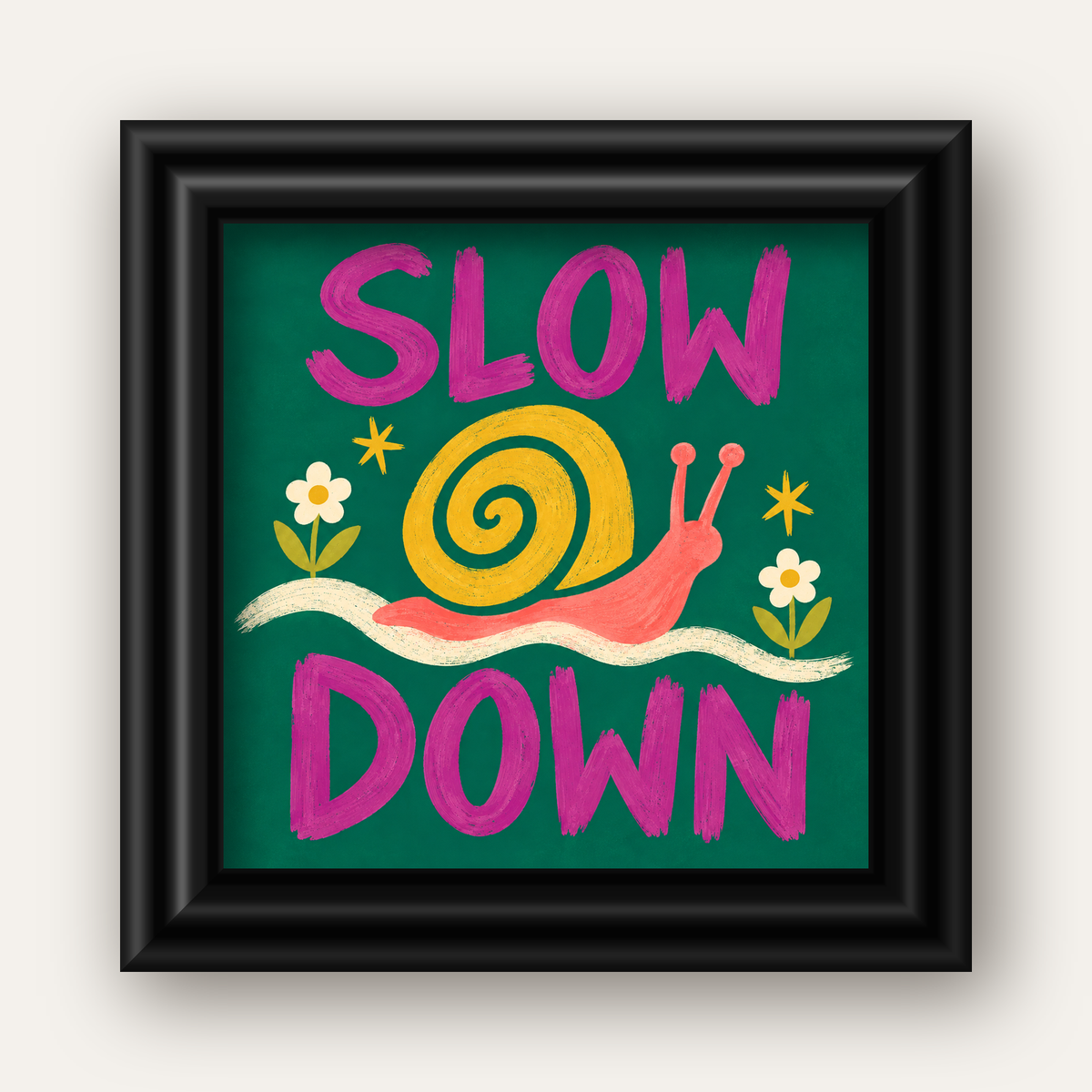 Slow Down Poster – Pastel Salyangoz ve Çiçekler Duvar Sanatı — siyah galeri çerçeveli