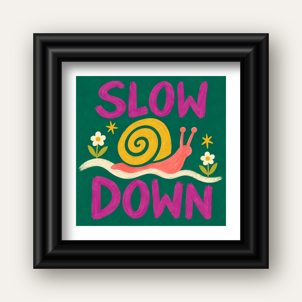 Slow Down Poster – Pastel Salyangoz ve Çiçekler Duvar Sanatı — siyah galeri çerçeveli paspartulu