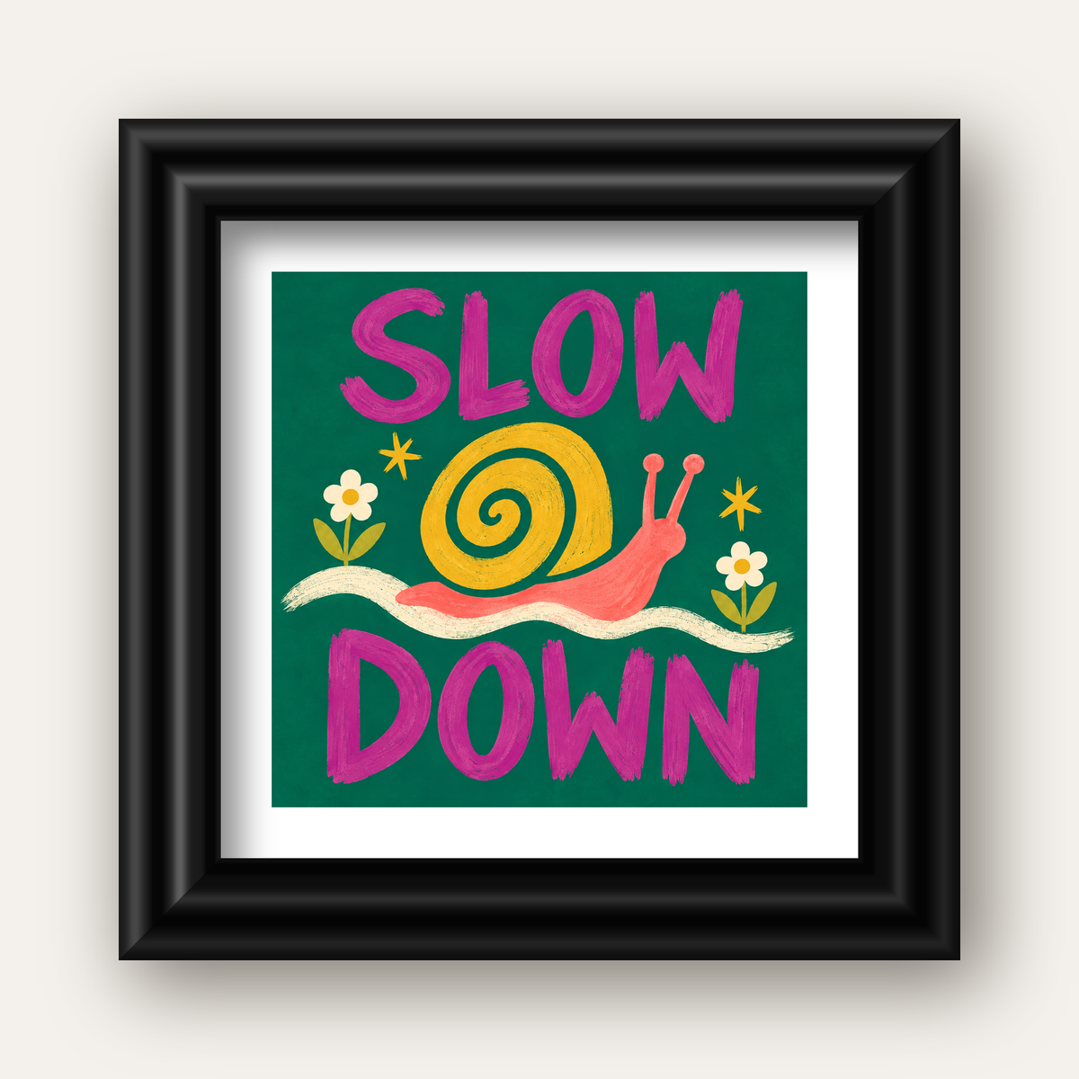 Slow Down Poster – Pastel Salyangoz ve Çiçekler Duvar Sanatı — siyah galeri çerçeveli paspartulu