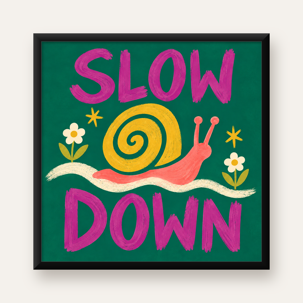 Slow Down Poster – Pastel Salyangoz ve Çiçekler Duvar Sanatı — Kare baskı, düz siyah çerçeveli duvar posteri