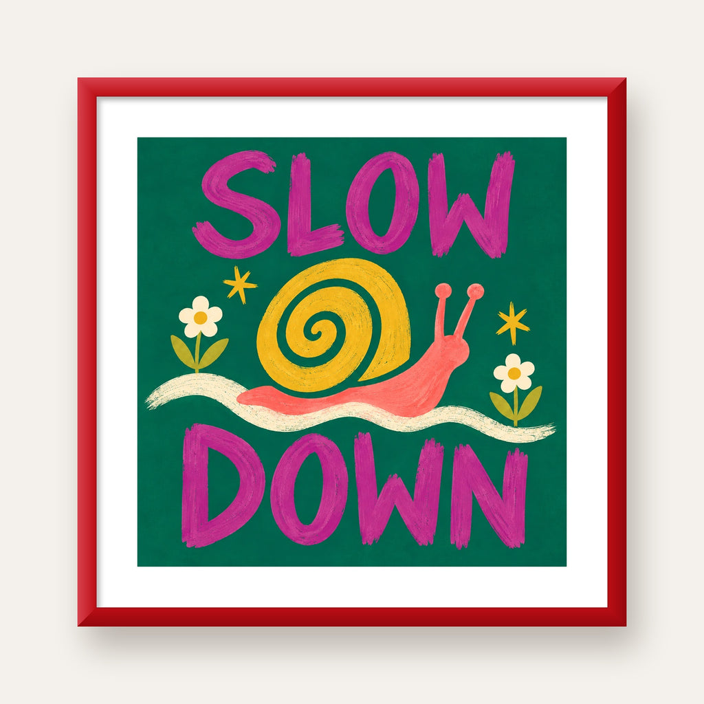 Slow Down Poster – Pastel Salyangoz ve Çiçekler Duvar Sanatı — kırmızı çerçeveli paspartulu