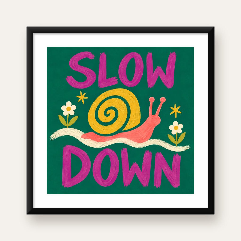 Slow Down Poster – Pastel Salyangoz ve Çiçekler Duvar Sanatı — Kare baskı, beyaz paspartulu