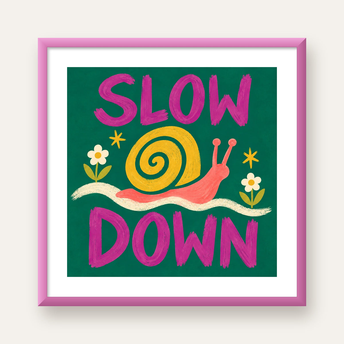 Slow Down Poster – Pastel Salyangoz ve Çiçekler Duvar Sanatı — pembe çerçeveli paspartulu