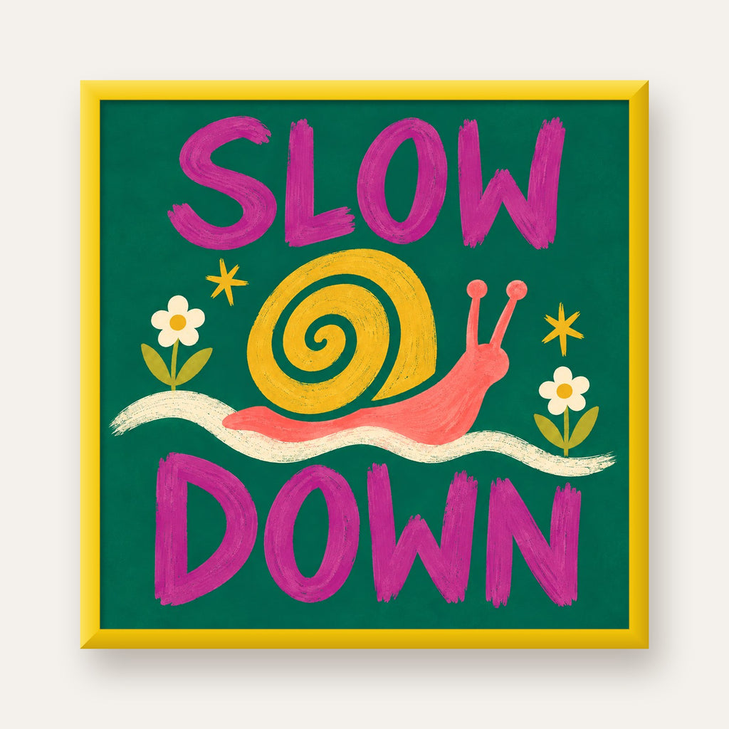 Slow Down Poster – Pastel Salyangoz ve Çiçekler Duvar Sanatı — sarı çerçeveli