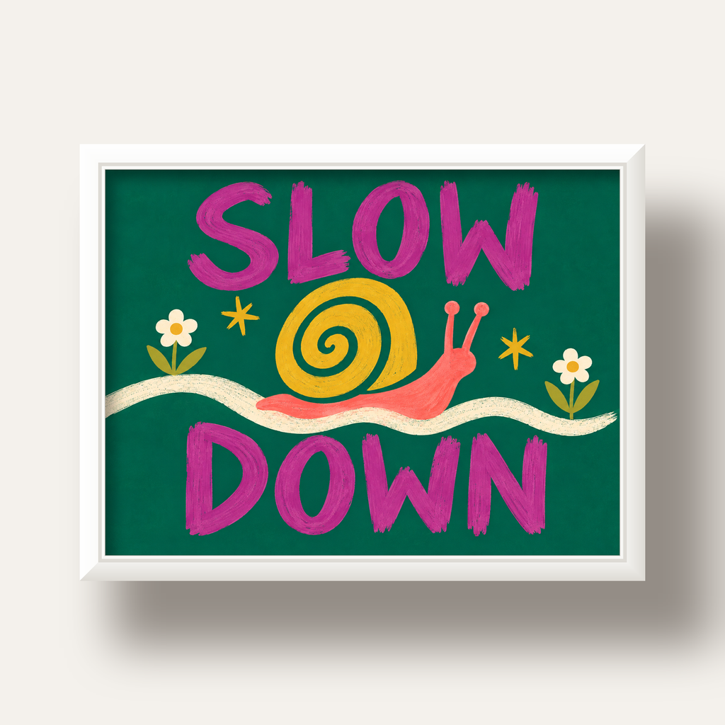 Slow Down Poster – Pastel Salyangoz ve Çiçekler Duvar Sanatı — beyaz derin çerçeveli