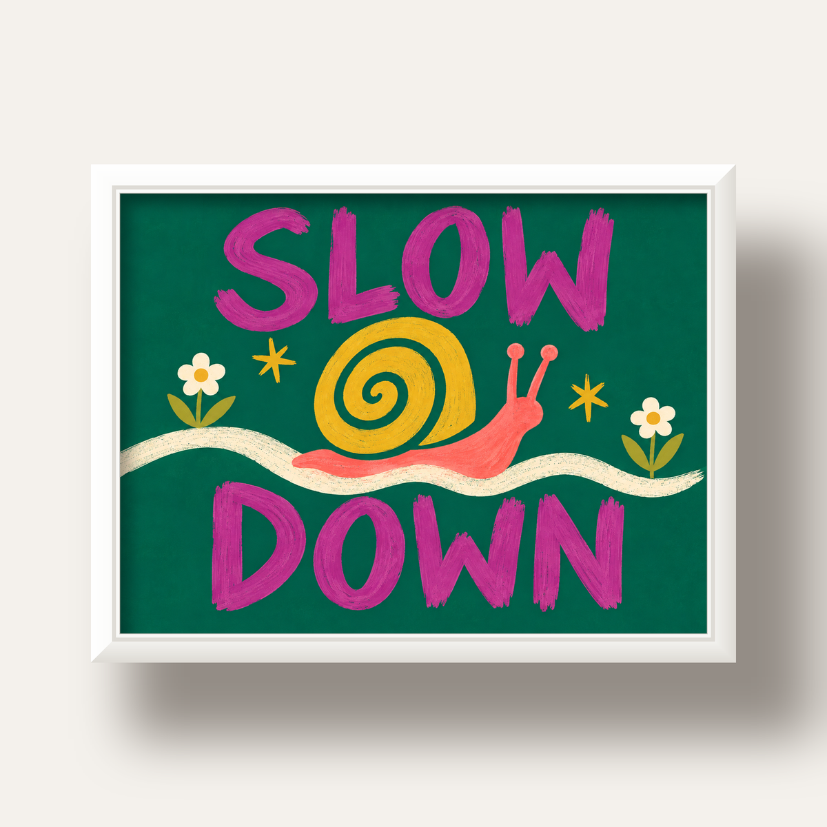 Slow Down Poster – Pastel Salyangoz ve Çiçekler Duvar Sanatı — beyaz derin çerçeveli