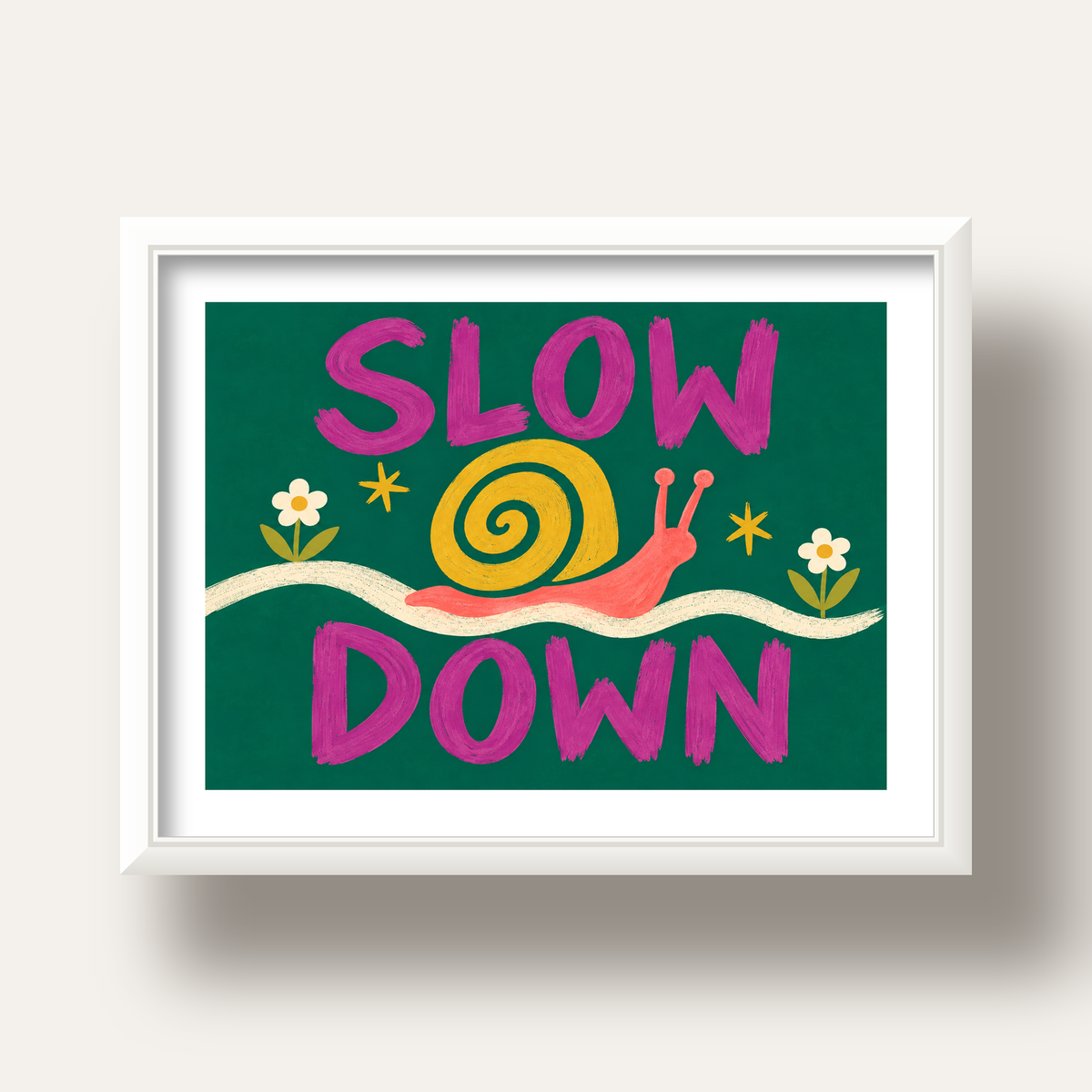 Slow Down Poster – Pastel Salyangoz ve Çiçekler Duvar Sanatı — beyaz derin çerçeveli paspartulu