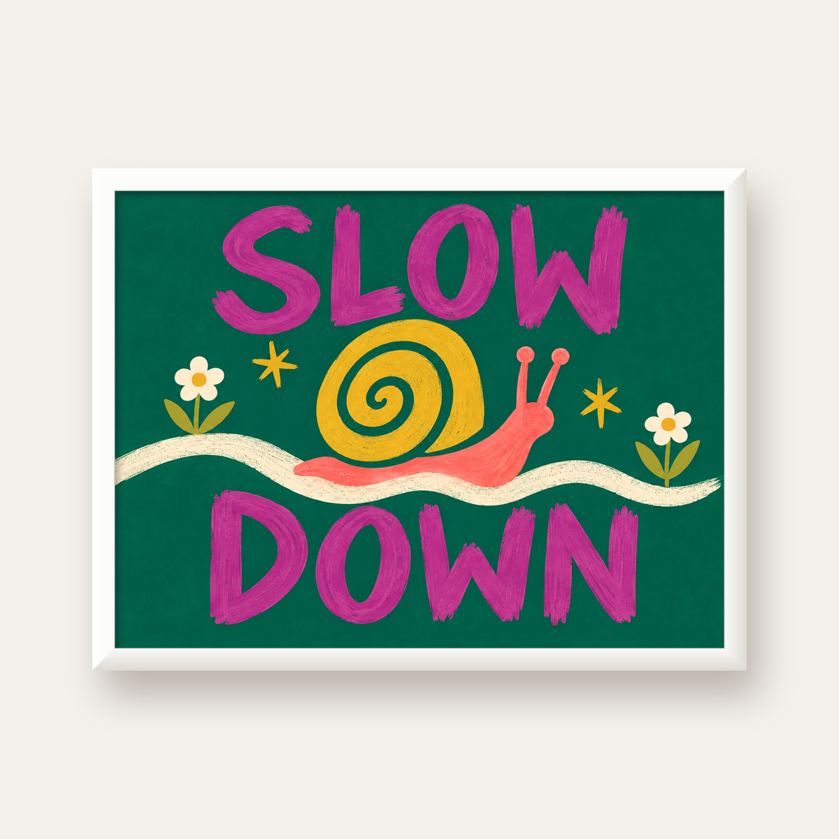 Slow Down Poster – Pastel Salyangoz ve Çiçekler Duvar Sanatı — beyaz çerçeveli yatay poster