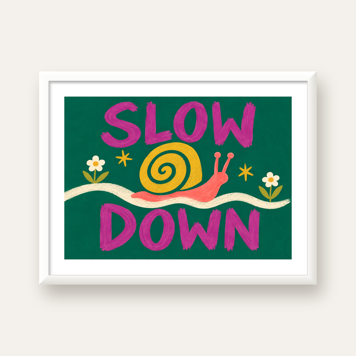 Slow Down Poster – Pastel Salyangoz ve Çiçekler Duvar Sanatı — beyaz çerçeveli yatay poster