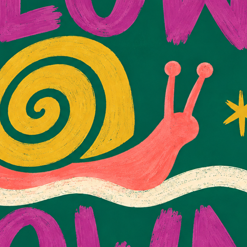 Slow Down Poster – Pastel Salyangoz ve Çiçekler Duvar Sanatı — baskının yakın çekimi, kâğıt dokusu ve renk detayı