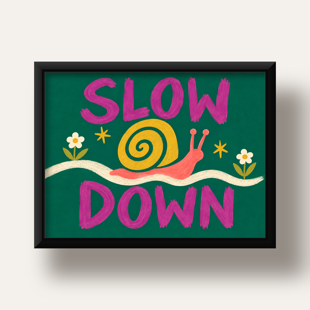 Slow Down Poster – Pastel Salyangoz ve Çiçekler Duvar Sanatı — siyah derin çerçeveli