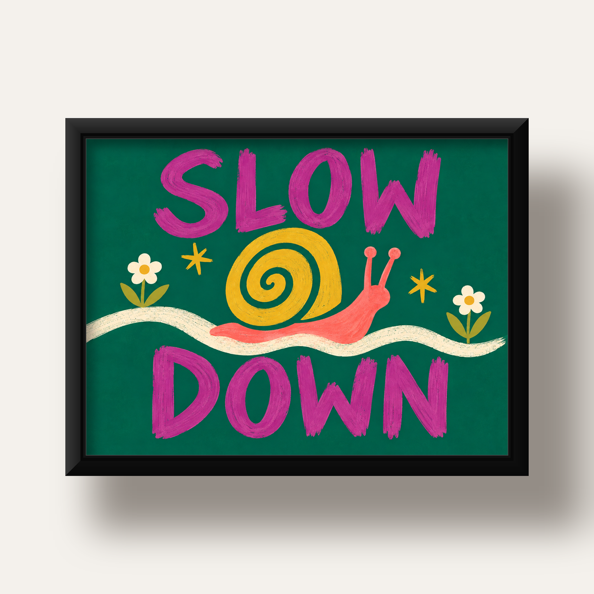 Slow Down Poster – Pastel Salyangoz ve Çiçekler Duvar Sanatı — siyah derin çerçeveli