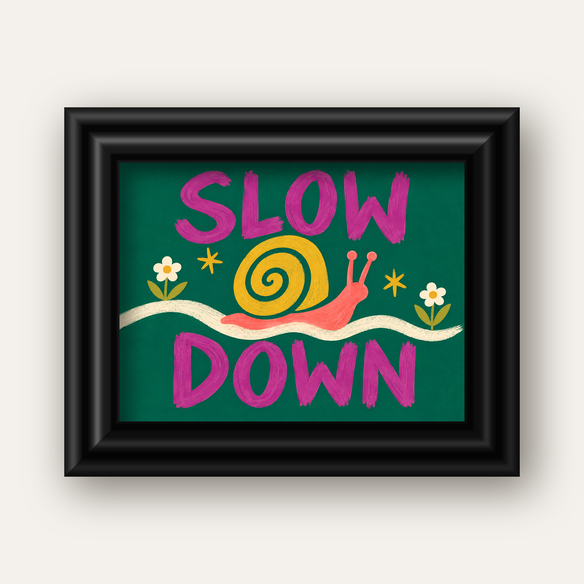 Slow Down Poster – Pastel Salyangoz ve Çiçekler Duvar Sanatı — siyah galeri çerçeveli
