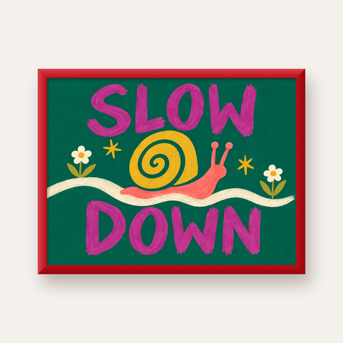 Slow Down Poster – Pastel Salyangoz ve Çiçekler Duvar Sanatı — kırmızı çerçeveli