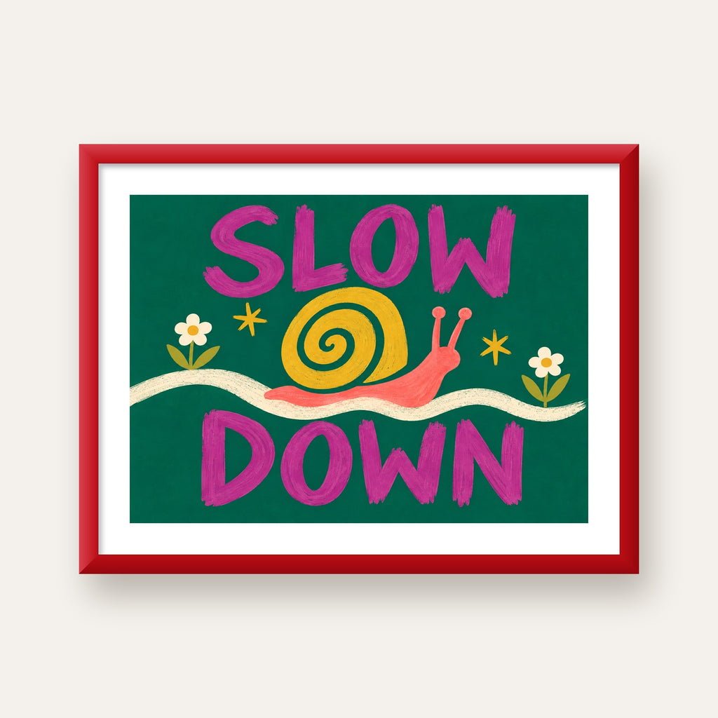Slow Down Poster – Pastel Salyangoz ve Çiçekler Duvar Sanatı — kırmızı çerçeveli paspartulu