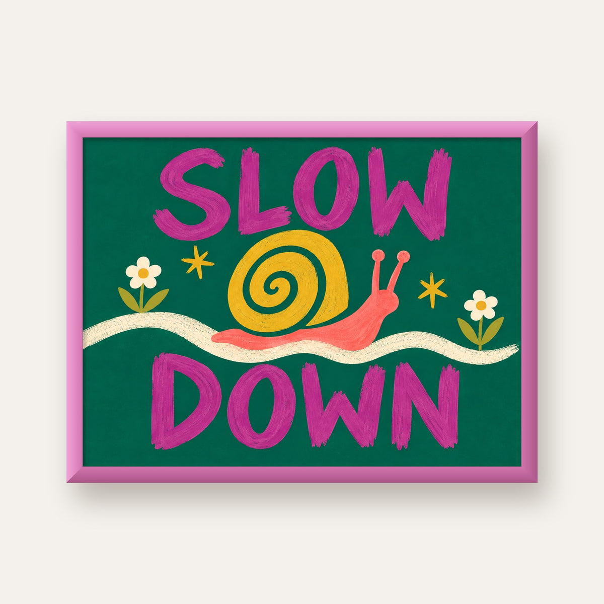 Slow Down Poster – Pastel Salyangoz ve Çiçekler Duvar Sanatı — pembe çerçeveli