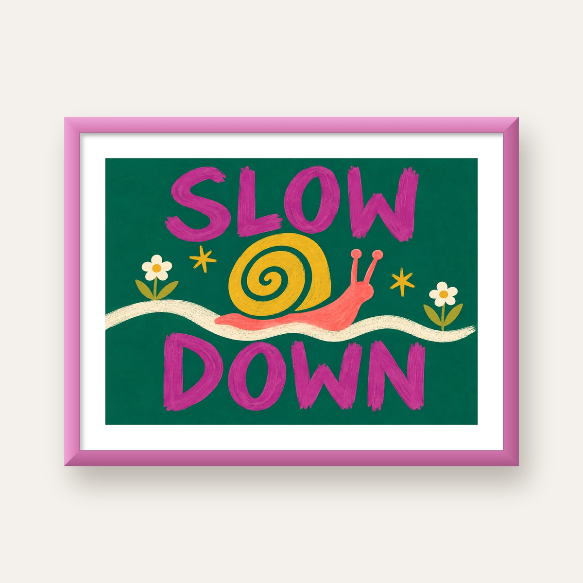 Slow Down Poster – Pastel Salyangoz ve Çiçekler Duvar Sanatı — pembe çerçeveli paspartulu