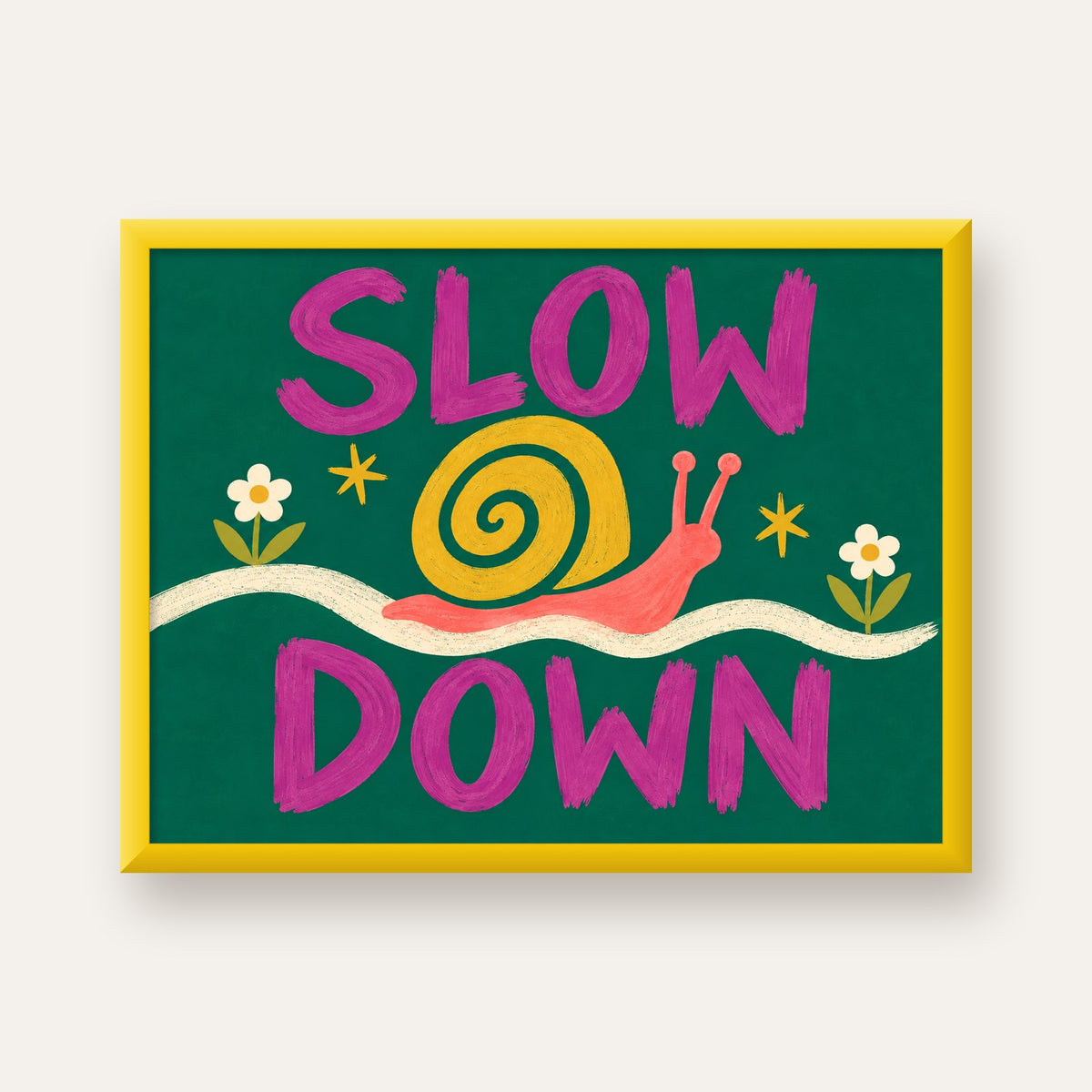 Slow Down Poster – Pastel Salyangoz ve Çiçekler Duvar Sanatı — sarı çerçeveli