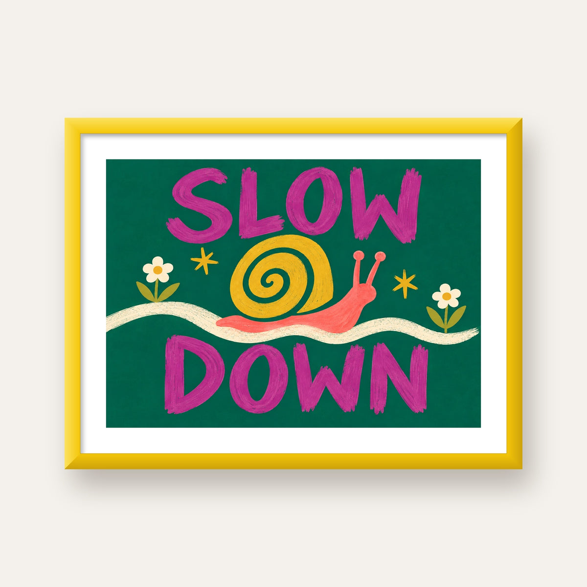 Slow Down Poster – Pastel Salyangoz ve Çiçekler Duvar Sanatı — sarı çerçeveli paspartulu