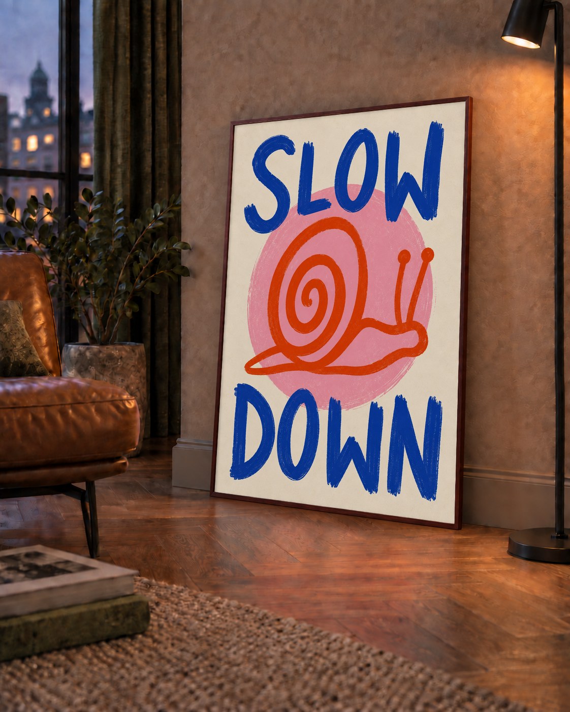 Slow Down Salyangoz Poster – Dijital El İllüstrasyonu — çerçeveli hâliyle bir ev duvarında