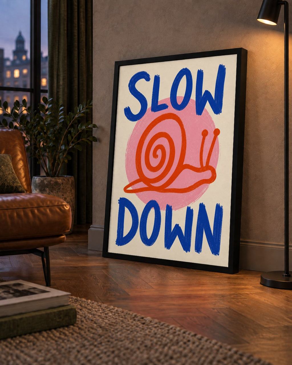 Slow Down Salyangoz Poster – Dijital El İllüstrasyonu — çerçeveli hâliyle bir ev duvarında