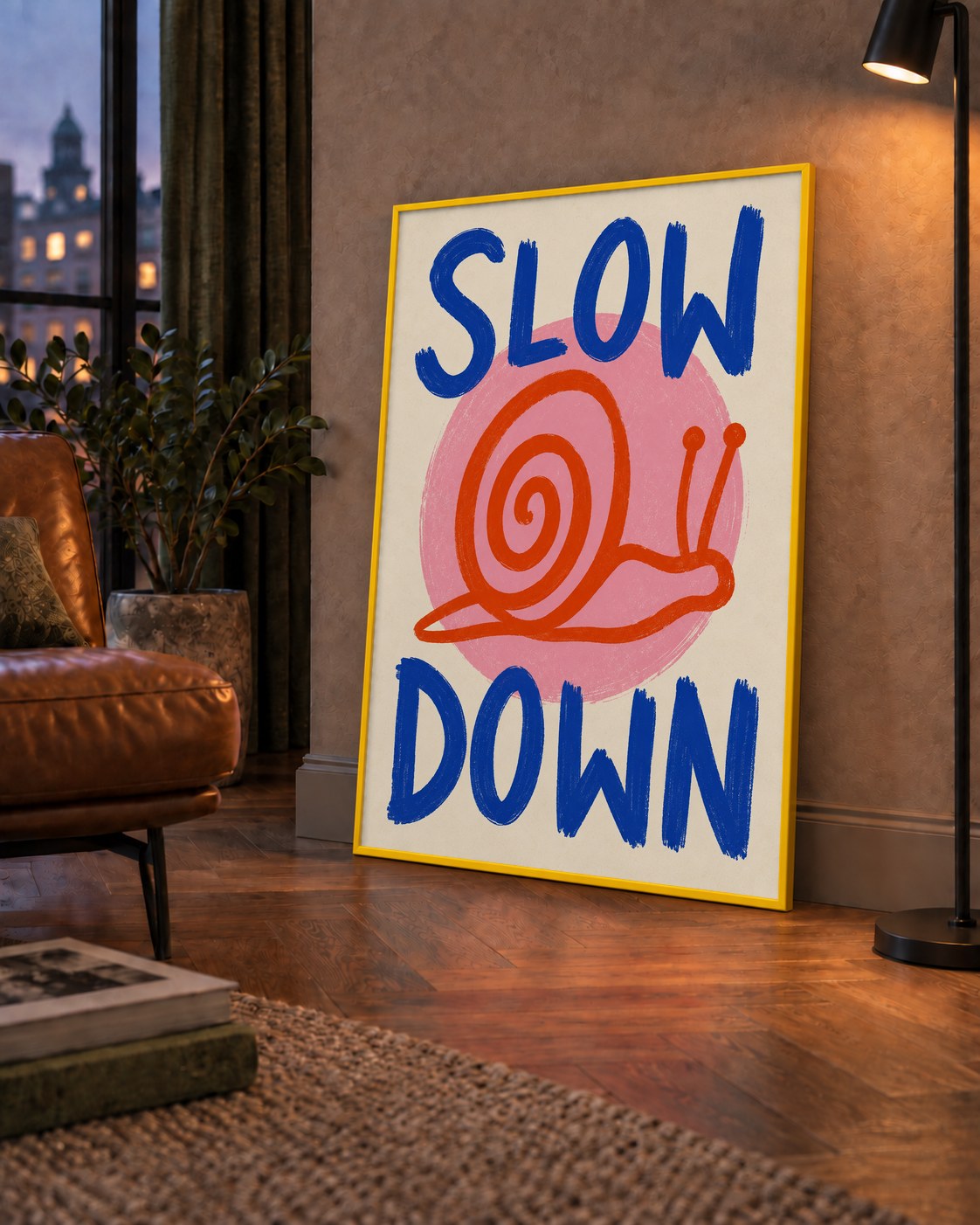Slow Down Salyangoz Poster – Dijital El İllüstrasyonu — çerçeveli hâliyle bir ev duvarında